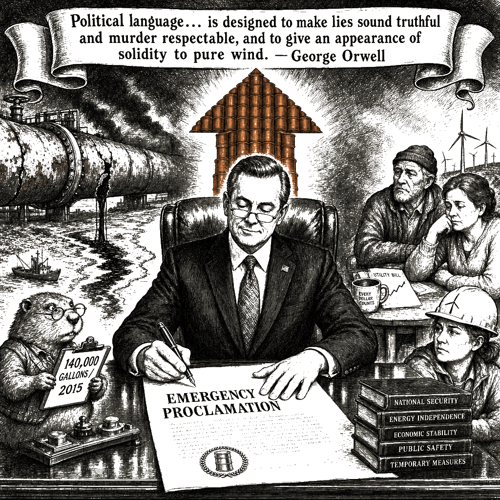 Editorial cartoon by Hector Rentier: Trump Restarted the Pipeline for His Oil Donors