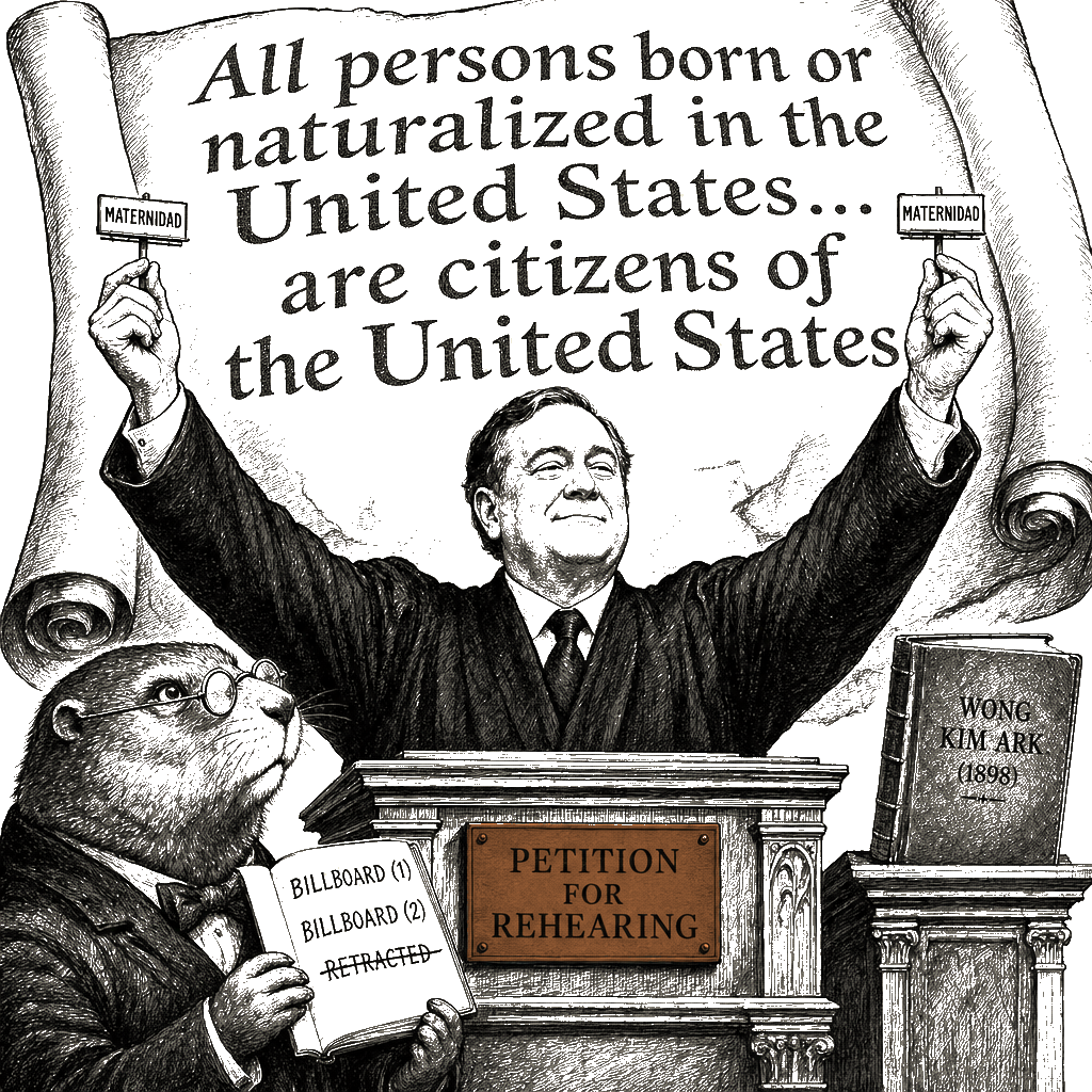 Editorial cartoon by Hector Rentier: Trump Wants Two Billboards to Erase the Citizenship Clause