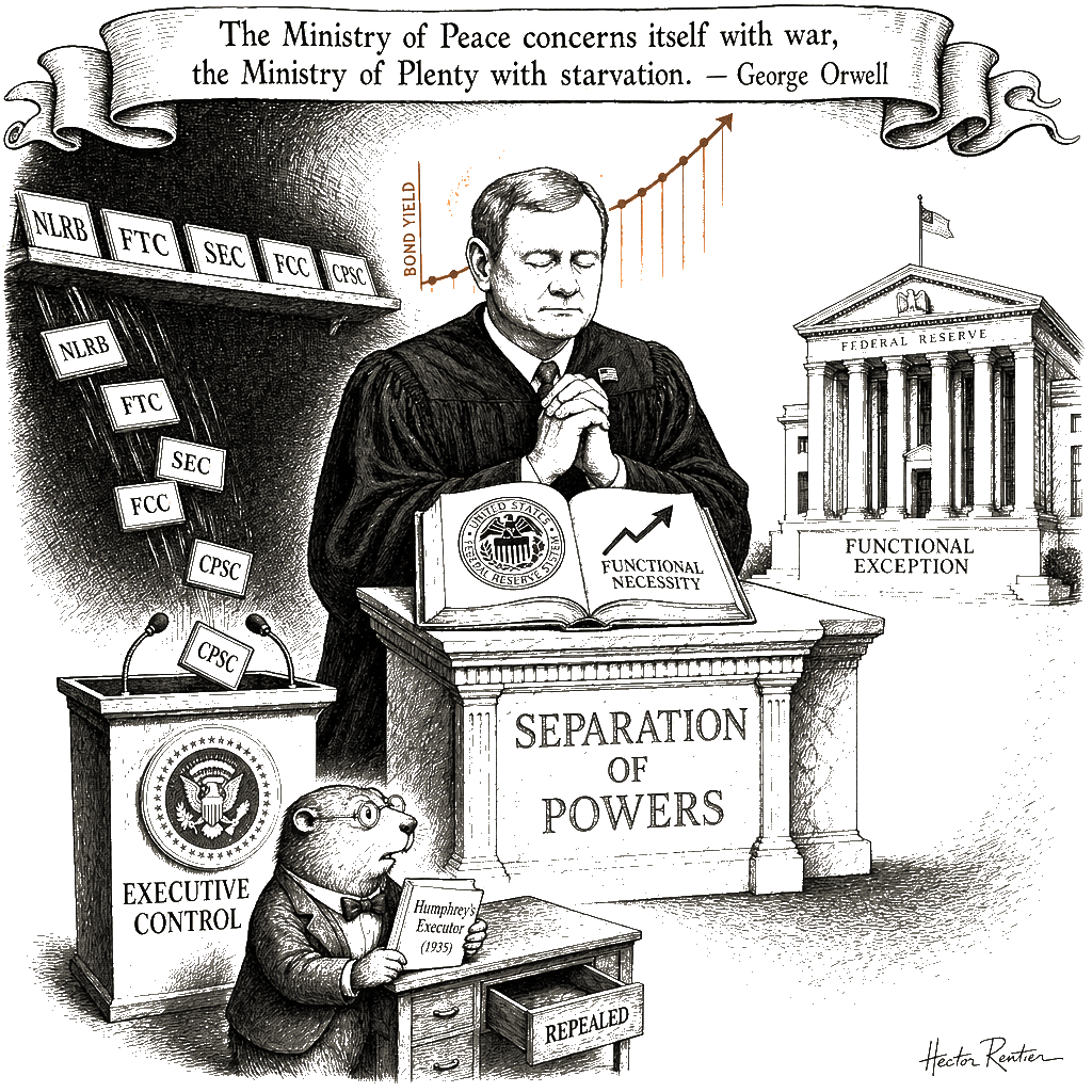 Editorial cartoon by Hector Rentier: Trump's Regulators Are His Now. The Fed Is the Carve-Out.