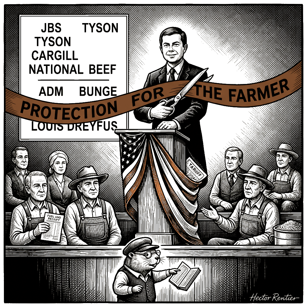 Editorial cartoon by Hector Rentier: Trump's Tariff War Is Robbing Iowa Farmers