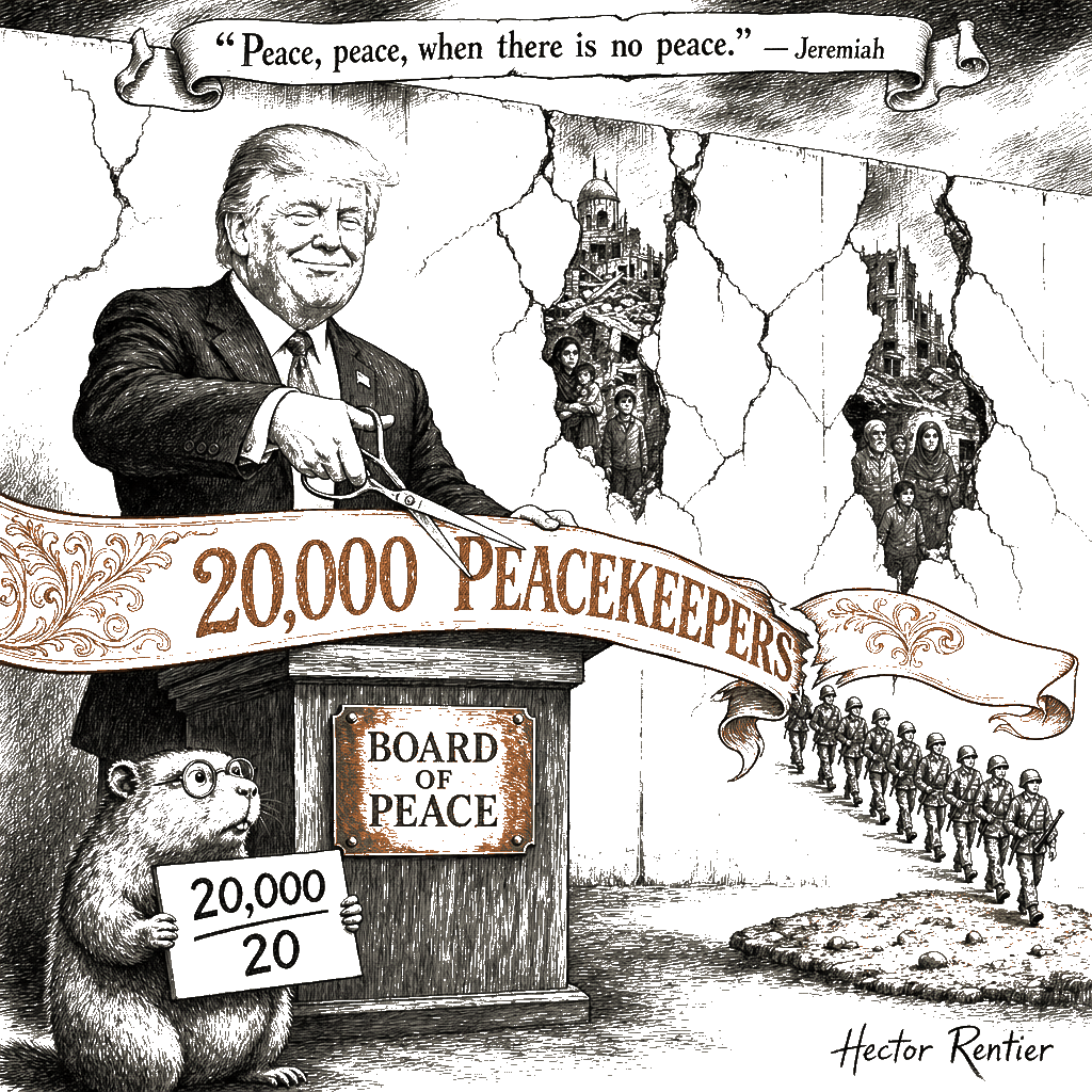 Editorial cartoon by Hector Rentier: Twenty Troops and Phantom Billions: The Slow Death of Gaza