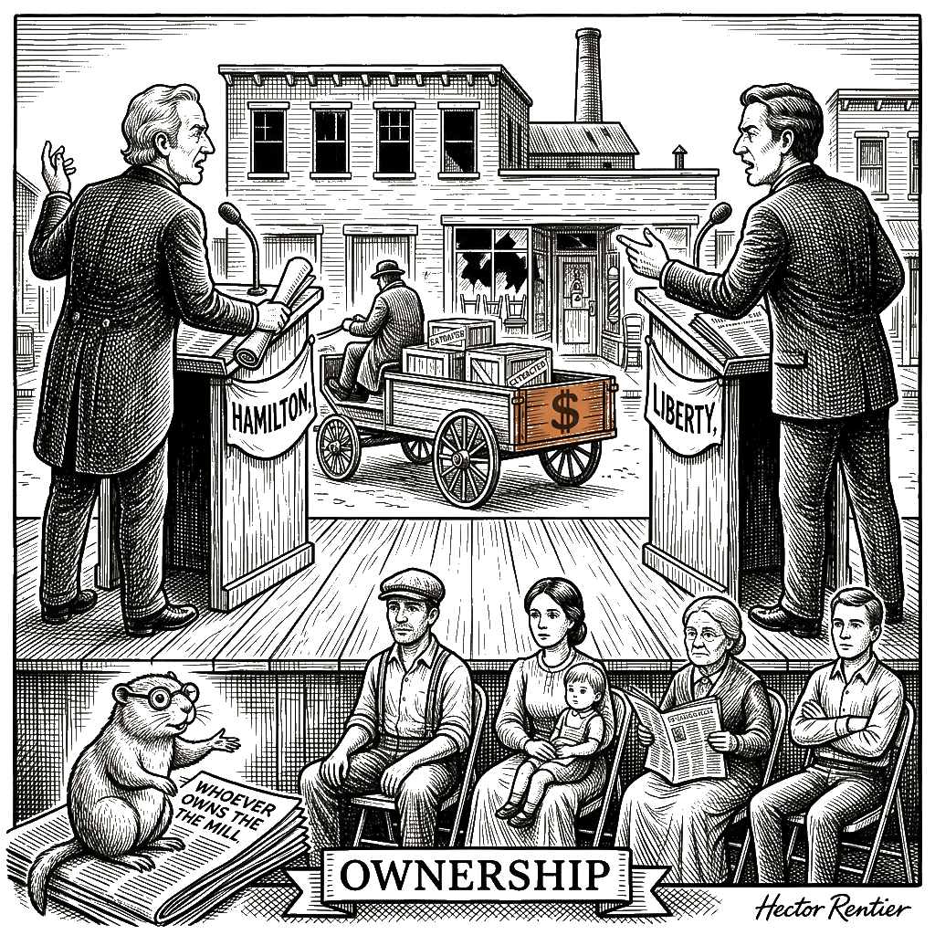 Editorial cartoon by Hector Rentier: Whoever Owns the Mill Owns the Lodge