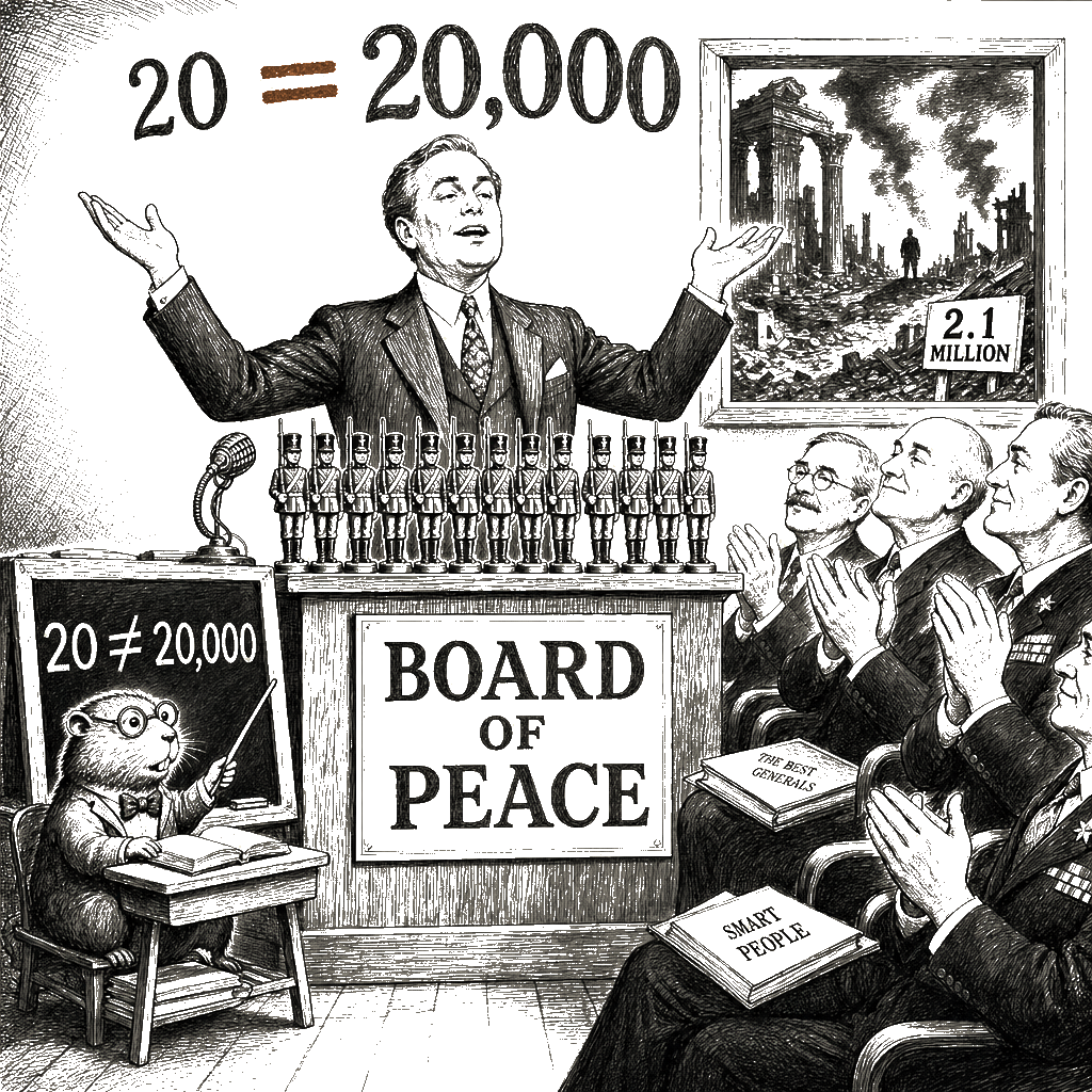Editorial cartoon by Hector Rentier: Why I Don't Need Twenty Thousand Troops When I Have the Best Twenty Troops Anyone Has…