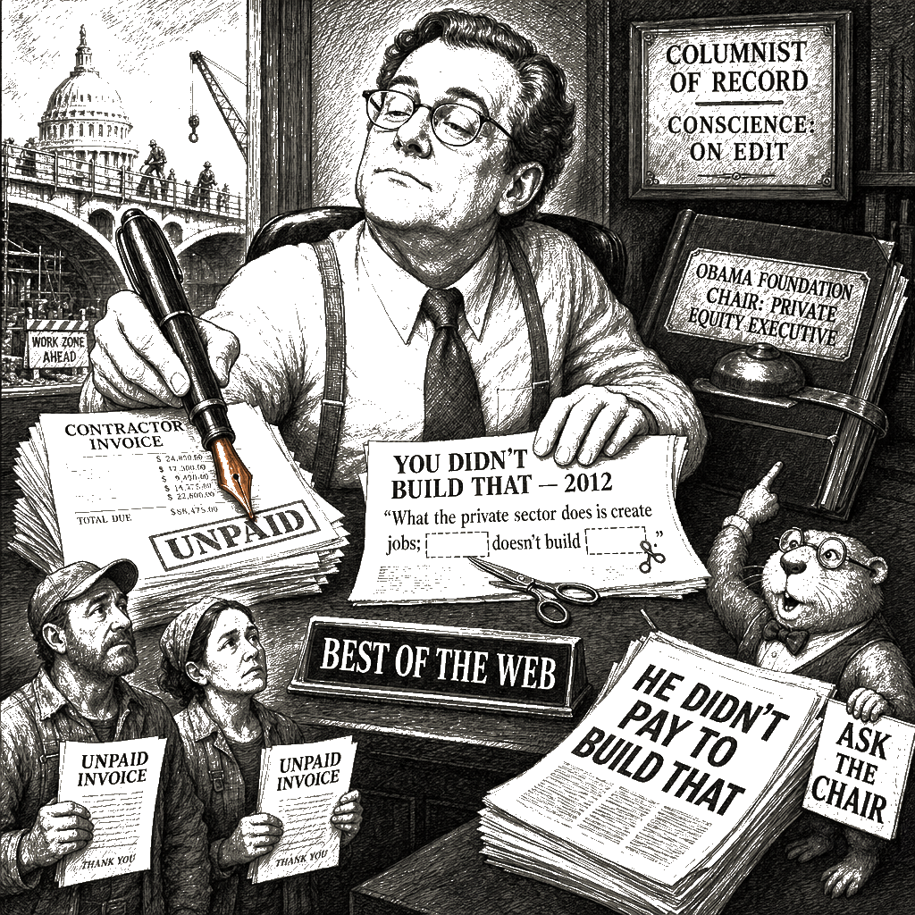 Editorial cartoon by Hector Rentier: WSJ’s Obama Center hit is a 14-year-old con that hides the real deadbeat billionaire.